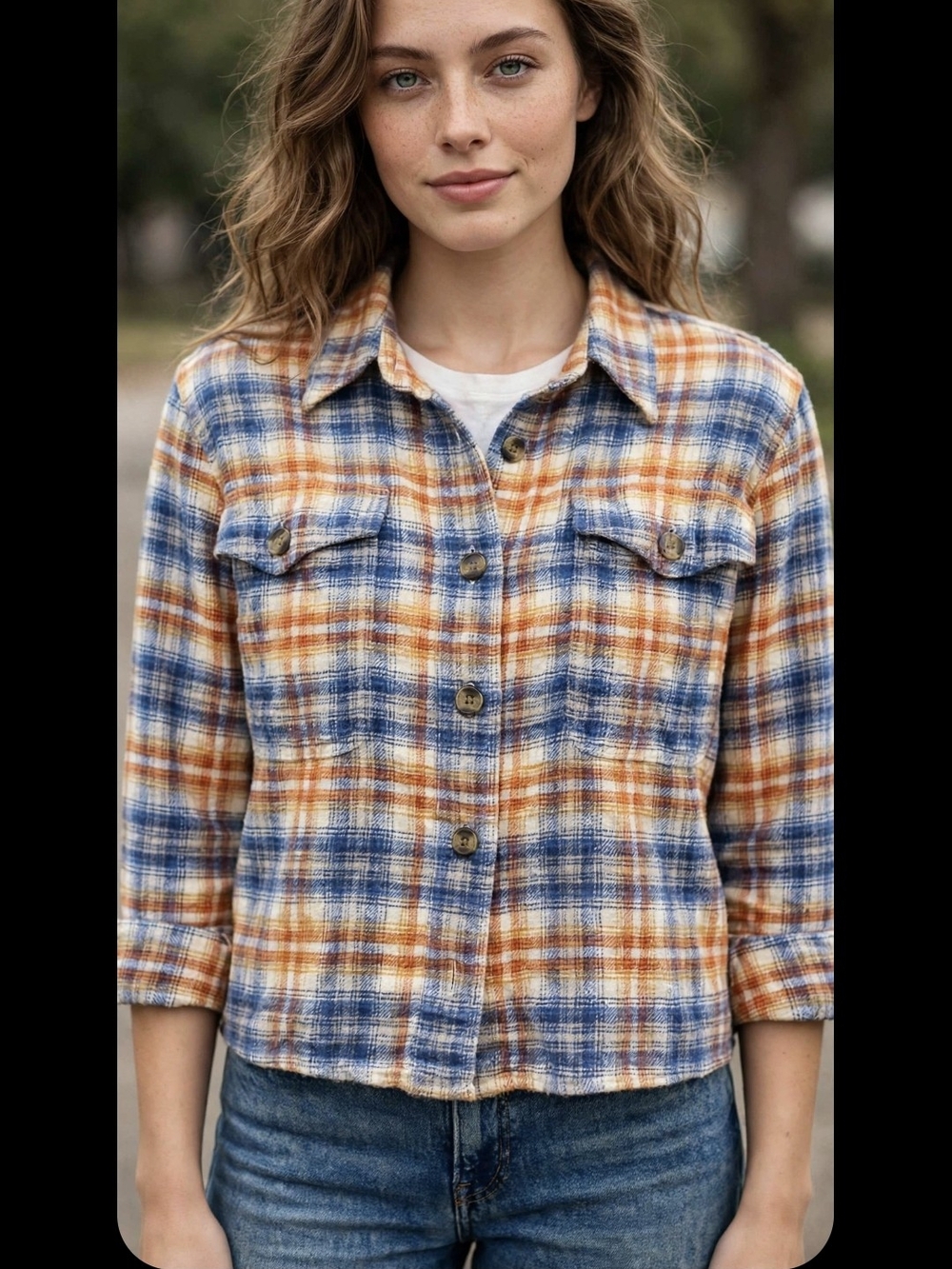 American Eagle Outfitters Blue and Orange Plaid Button-Up Sweater Shirt